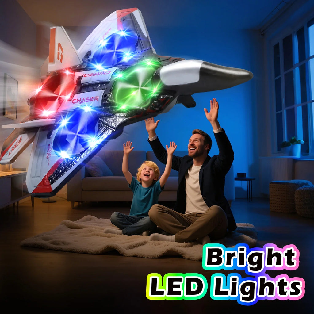 Foam Remote Control Airplane, Jet Fighter RC Plane Stunt Drone Toy with LED Lights & 360° Spin, Easy to Fly RC Glider for Kids Adults, Red