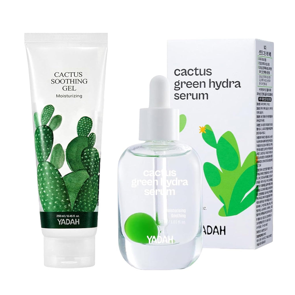 Cactus Soothing Gel 8.45Fl Oz & Cactus Green Hydra Serum 1.01Fl Oz - Vegan Sunburn Relief, Cool & Soothe Irritated Skin, Face Redness. Korean Skin Care Hydration Oil-Moisture Balance Niacinamide