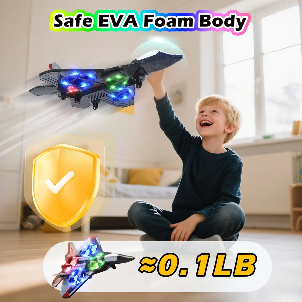 Foam Remote Control Airplane, Jet Fighter RC Plane Stunt Drone Toy with LED Lights & 360° Spin, Easy to Fly RC Glider for Kids Adults, Red