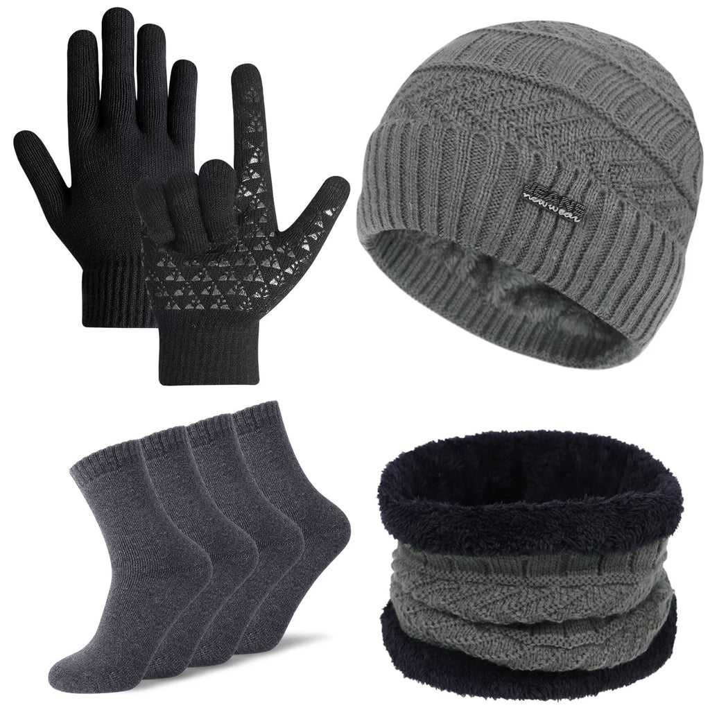5 Pcs Winter Beanie Hat Scarf Touchscreen Gloves Set with Wool Socks for Men Women Gray