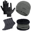 5 Pcs Winter Beanie Hat Scarf Touchscreen Gloves Set with Wool Socks for Men Women Gray