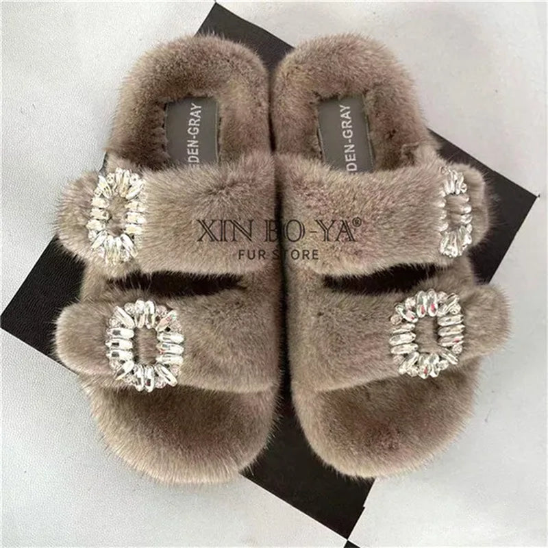 Winter Fur Slippers Women 2024 Flat Real Fur Mink Slippers Warm Soft Indoor Women Fur Slippers Luxury Designer Female Shoes