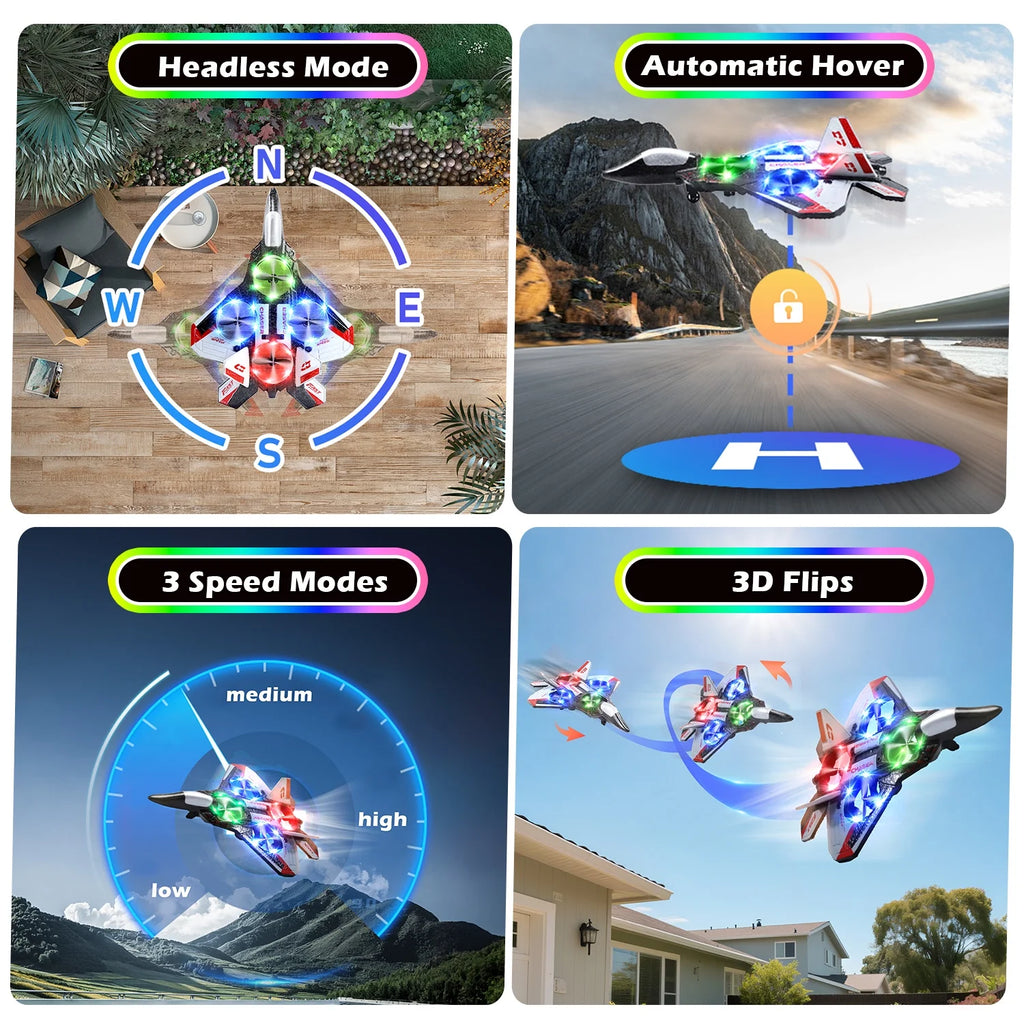 Foam Remote Control Airplane, Jet Fighter RC Plane Stunt Drone Toy with LED Lights & 360° Spin, Easy to Fly RC Glider for Kids Adults, Red