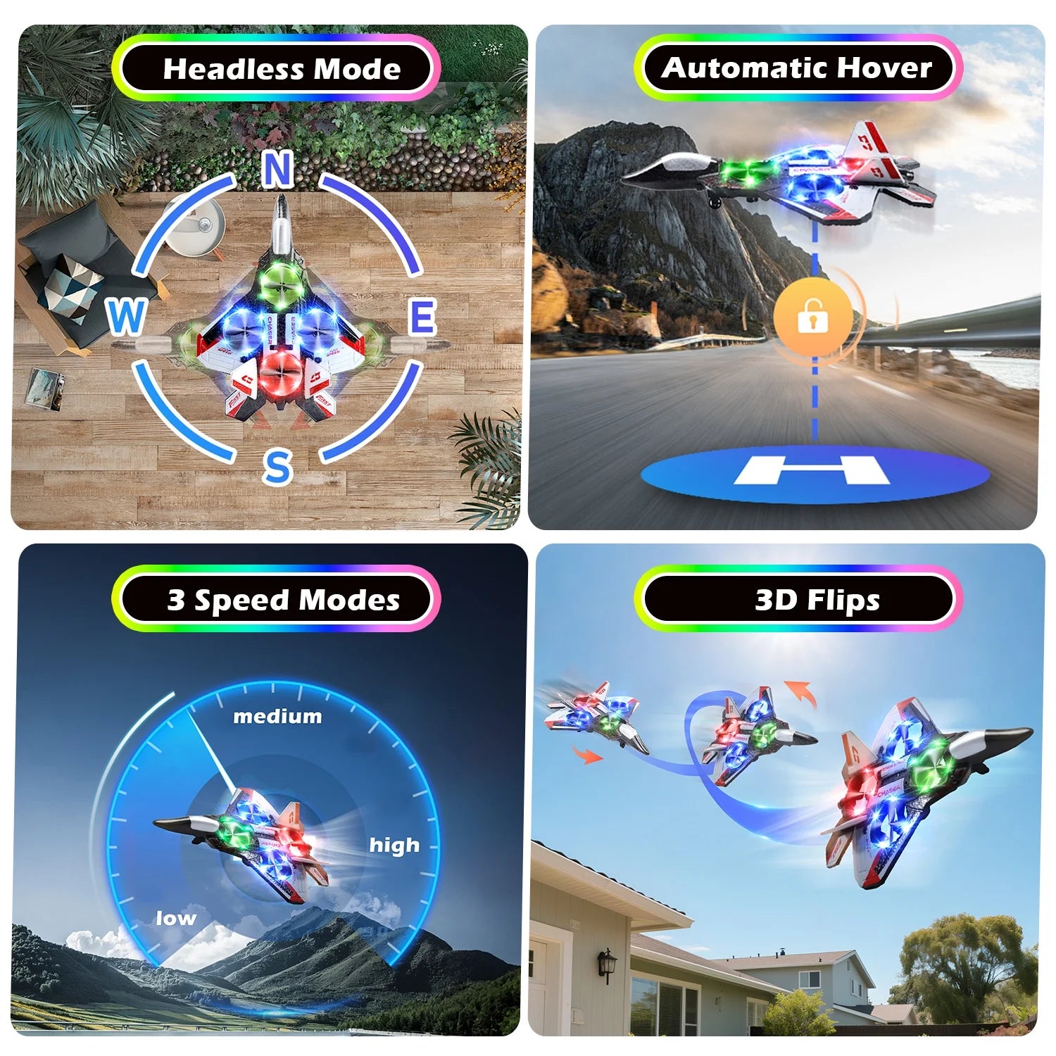 Foam Remote Control Airplane, Jet Fighter RC Plane Stunt Drone Toy with LED Lights & 360° Spin, Easy to Fly RC Glider for Kids Adults, Red