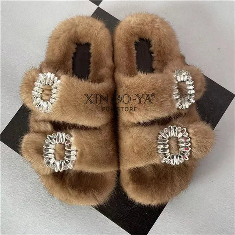 Winter Fur Slippers Women 2024 Flat Real Fur Mink Slippers Warm Soft Indoor Women Fur Slippers Luxury Designer Female Shoes
