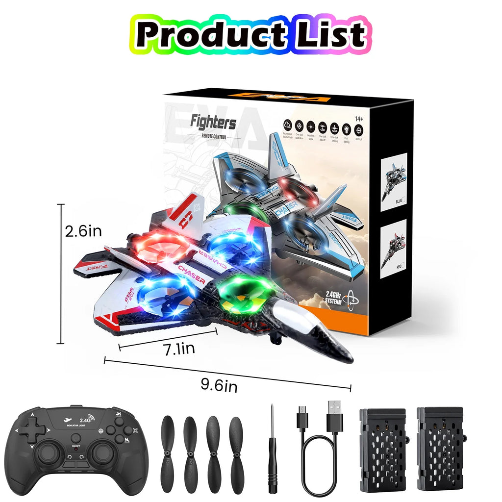 Foam Remote Control Airplane, Jet Fighter RC Plane Stunt Drone Toy with LED Lights & 360° Spin, Easy to Fly RC Glider for Kids Adults, Red