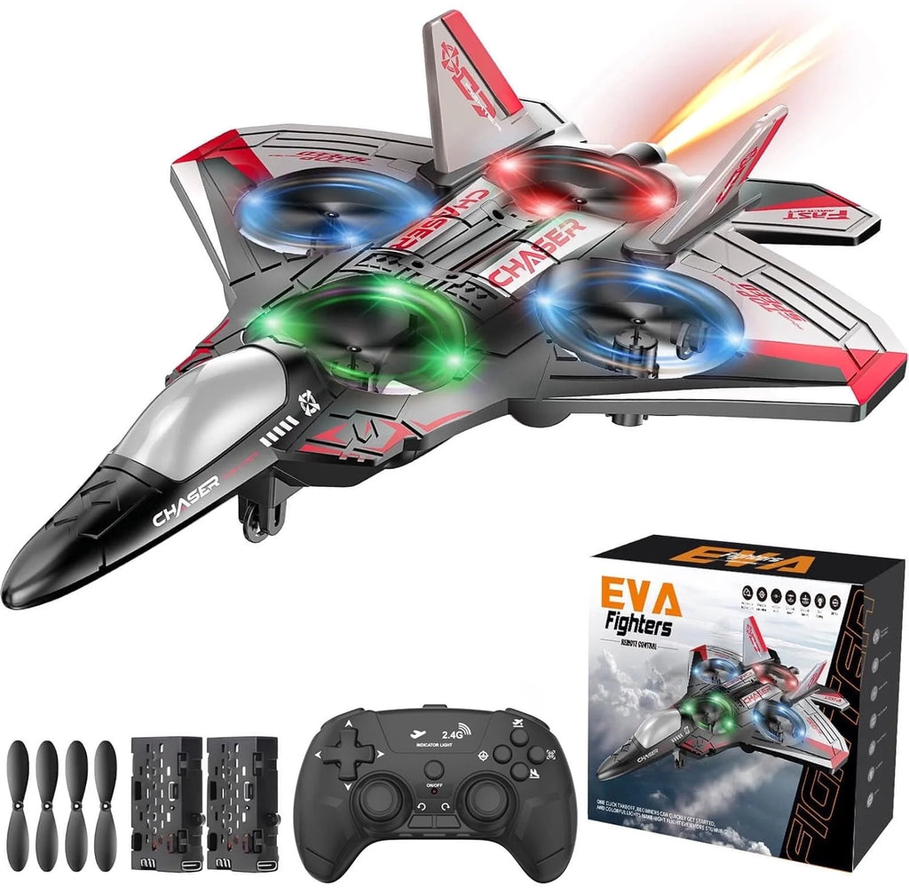 Foam Remote Control Airplane, Jet Fighter RC Plane Stunt Drone Toy with LED Lights & 360° Spin, Easy to Fly RC Glider for Kids Adults, Red