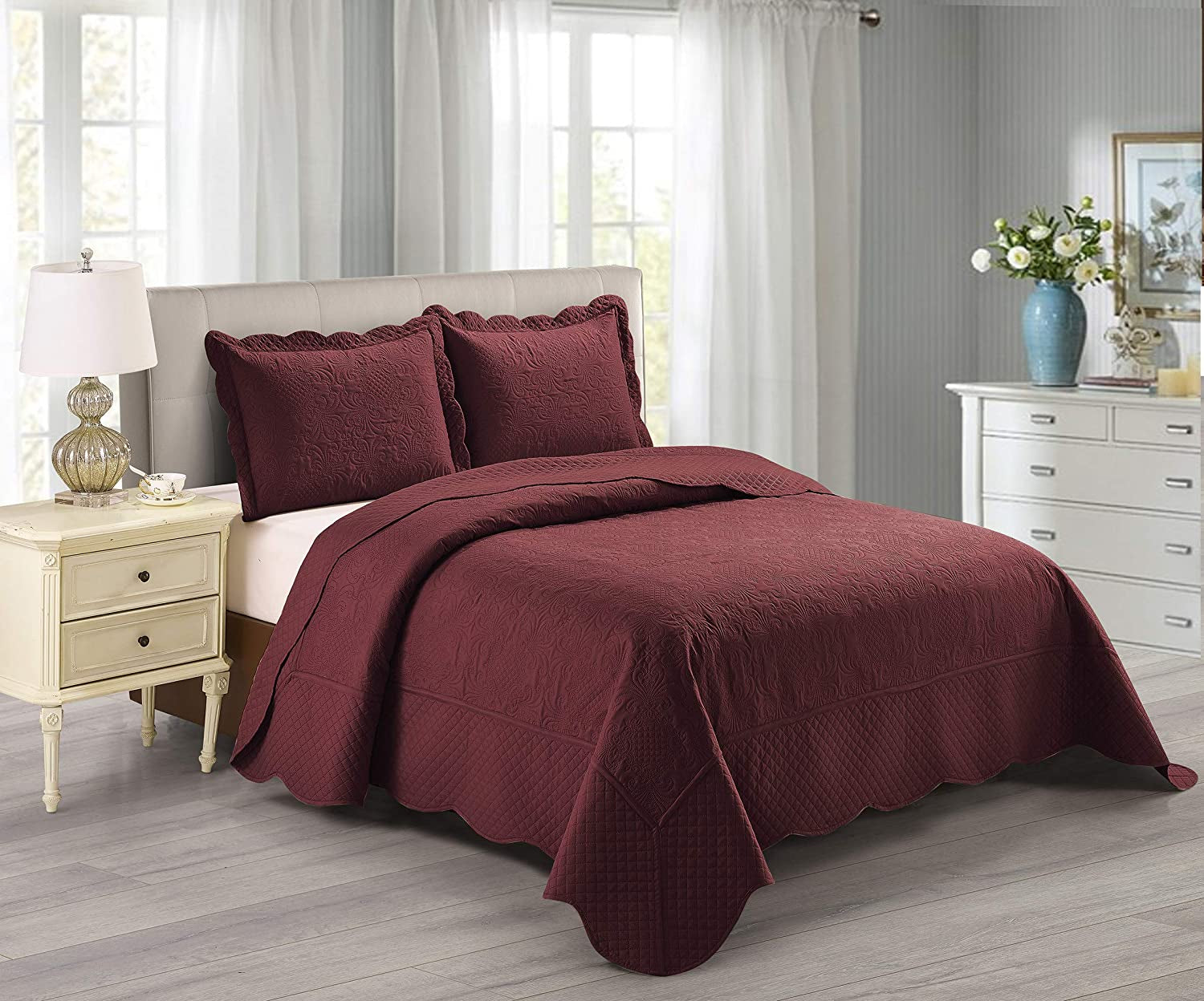 3 Piece over Size Embossed Solid Color Coverlet Bedspread New # Veronica (Burgundy, King/California King)