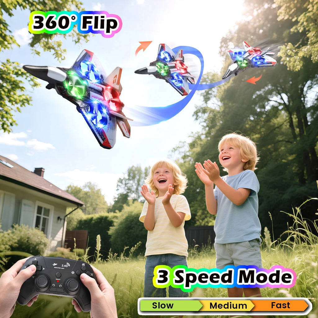 Foam Remote Control Airplane, Jet Fighter RC Plane Stunt Drone Toy with LED Lights & 360° Spin, Easy to Fly RC Glider for Kids Adults, Red